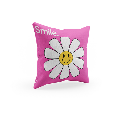 Pink Throw Pillow Cover with a Flower Smiley Face design