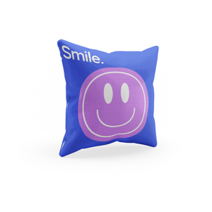 blue throw pillow cover with a purple smiley face 