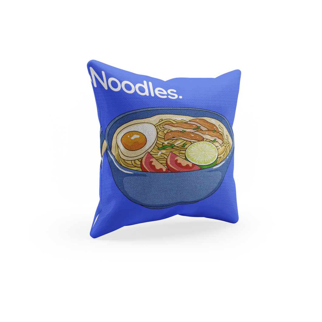 blue throw pillow with a food design of noodles 