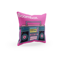 Pink Throw pillow with a boombox design 