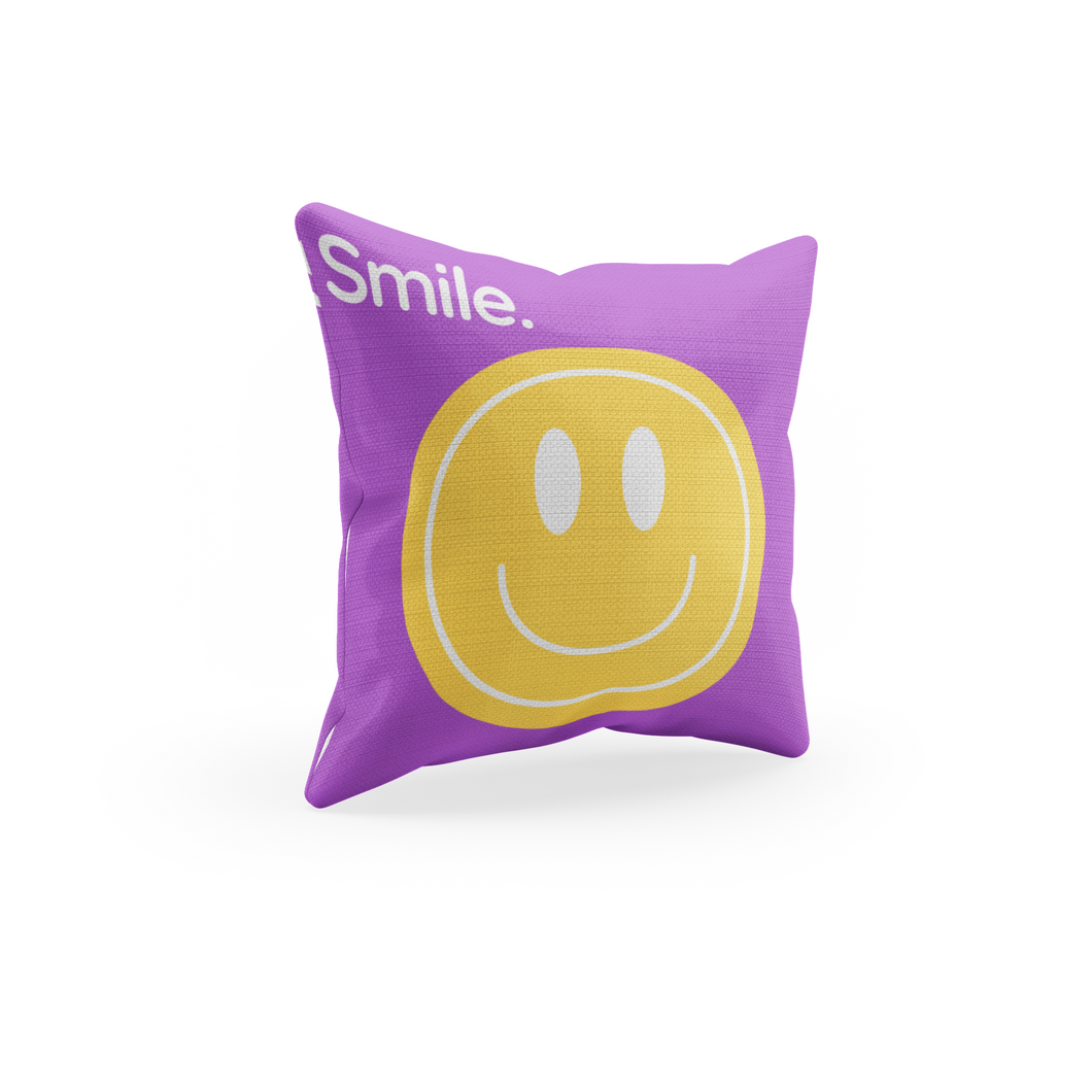 Purple Decorative Throw Pillow with a Yellow Smiley Face 