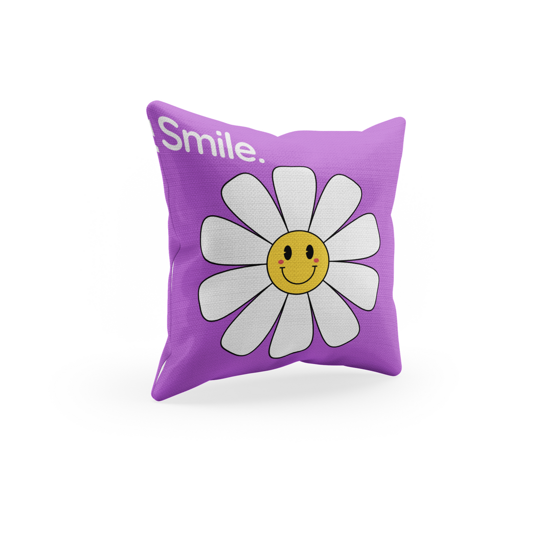 Purple Throw Decorative Pillow with a smiley face in a flower