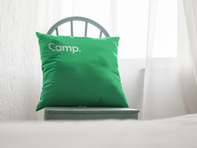 Green Throw Pillow Cover with Camp written on it 