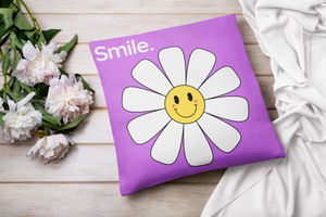 Throw Pillow Cover With Purple Pop Art Smiley Face Flower Design For Playroom Decor or Girls Room Decor
