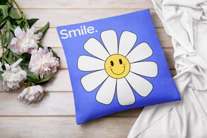 Throw Pillow Cover With Blue Pop Art Smiley Face Flower Design For Dorm Room Decor,Girls Room Decor and Playroom Pillows